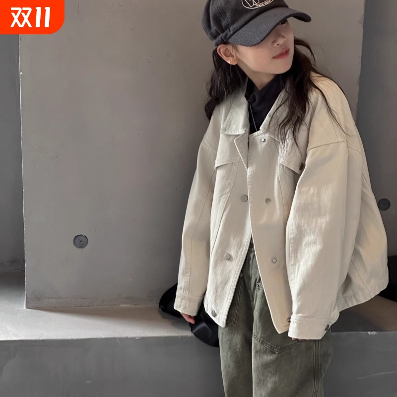 童装女童春秋季新款宽松牛仔外套洋气儿童韩版夹克上衣潮薄款白色