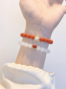 圆珠玉石手串金色包边珍珠配件叠加手链时尚双层闺蜜同款女