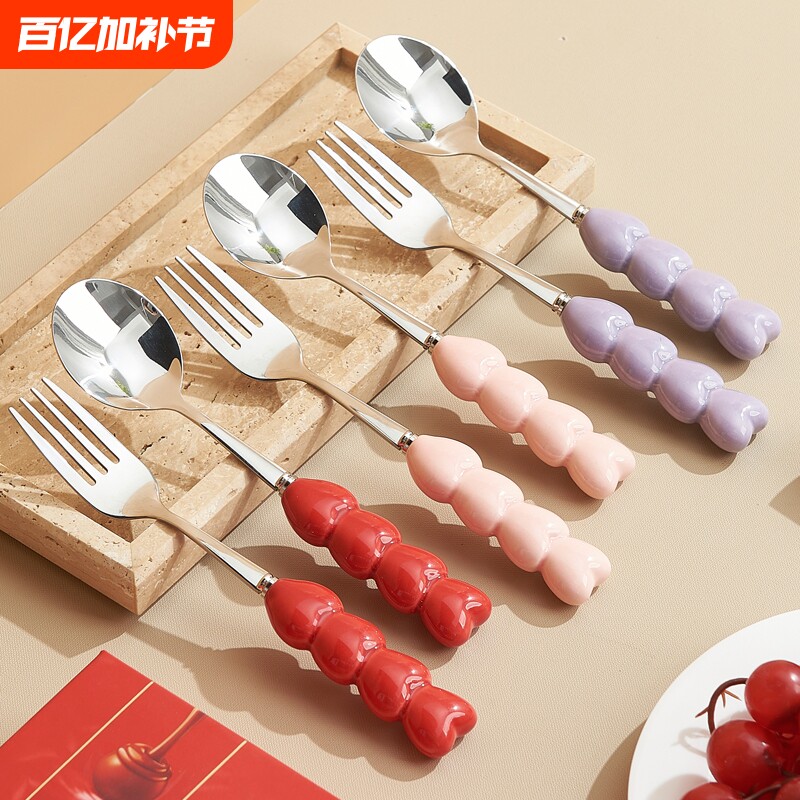 餐勺食品级304不锈钢餐叉调羹陶瓷手柄防烫西餐勺子喝汤高颜值