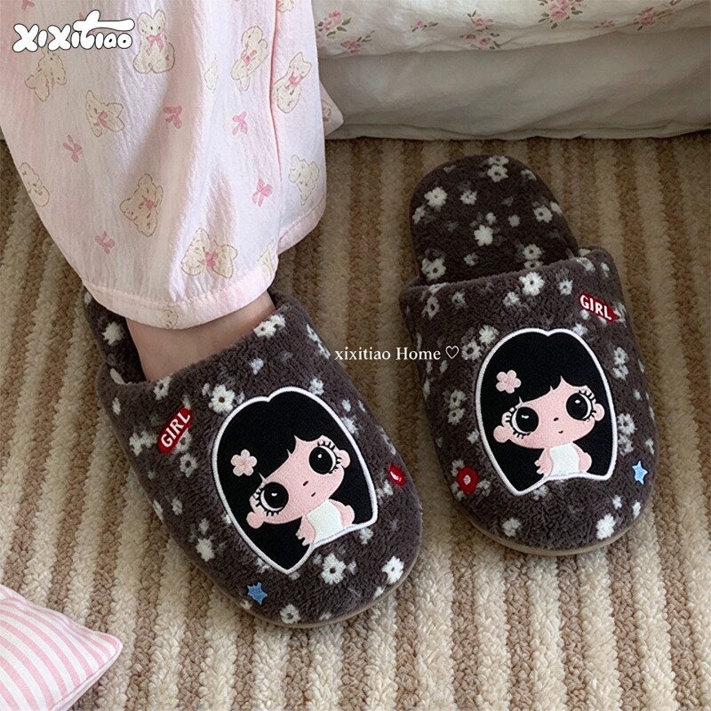 细细条 甜美可爱少女碎花棉拖鞋女静音秋冬季防滑居家豹纹毛毛鞋