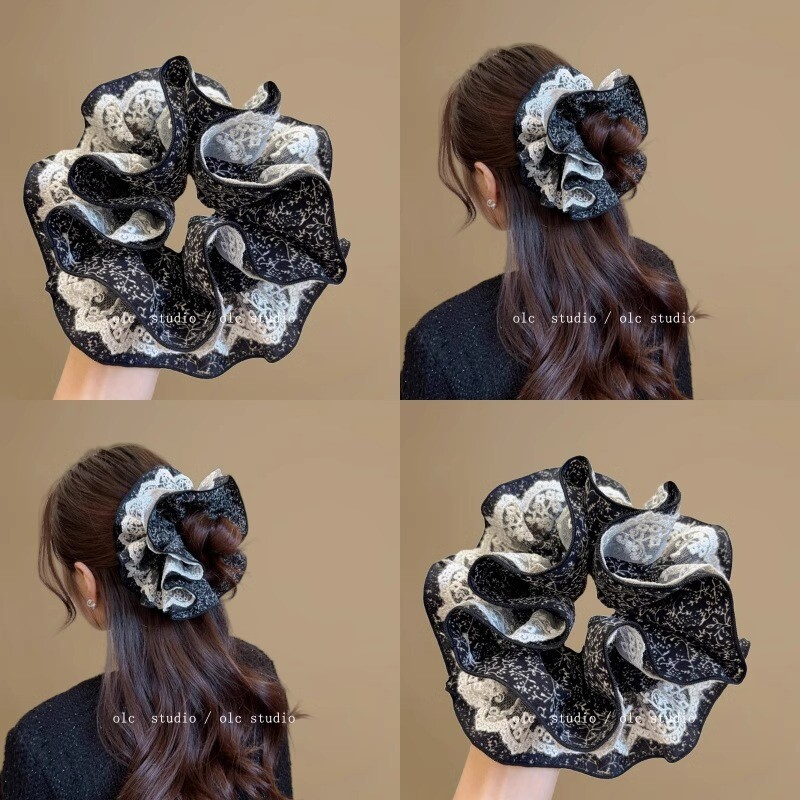 韩系双层大号大肠发圈女高级感丸子头碎花蕾丝发饰头绳