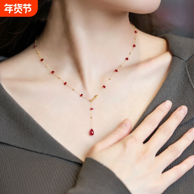 流苏满天星人造鸽血红宝项链女镀18K金色优雅锁骨链彩宝吊坠送礼
