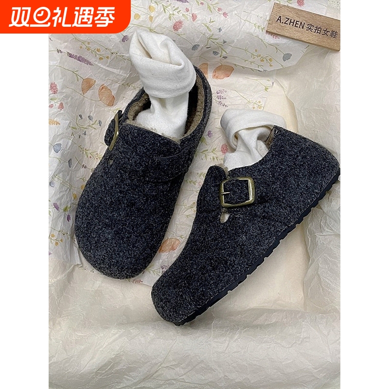 羊毛毡勃肯鞋内增高女加绒软底牛筋底棉鞋羊羔毛加棉灰色毛绒平底