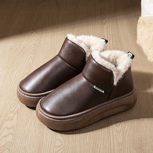皮面防水棉拖鞋秋冬季保暖加绒加厚男女包跟防滑厚底全包棉鞋高帮