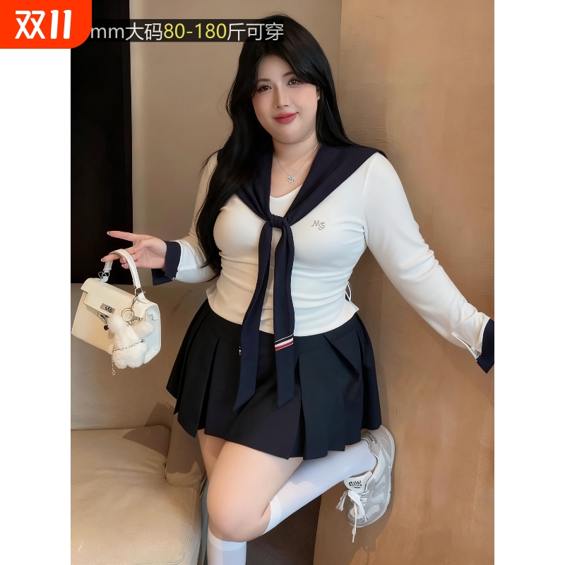 可爱减龄纯欲风长袖上衣套装女秋季辣妹大码显瘦半身裙海军领制服