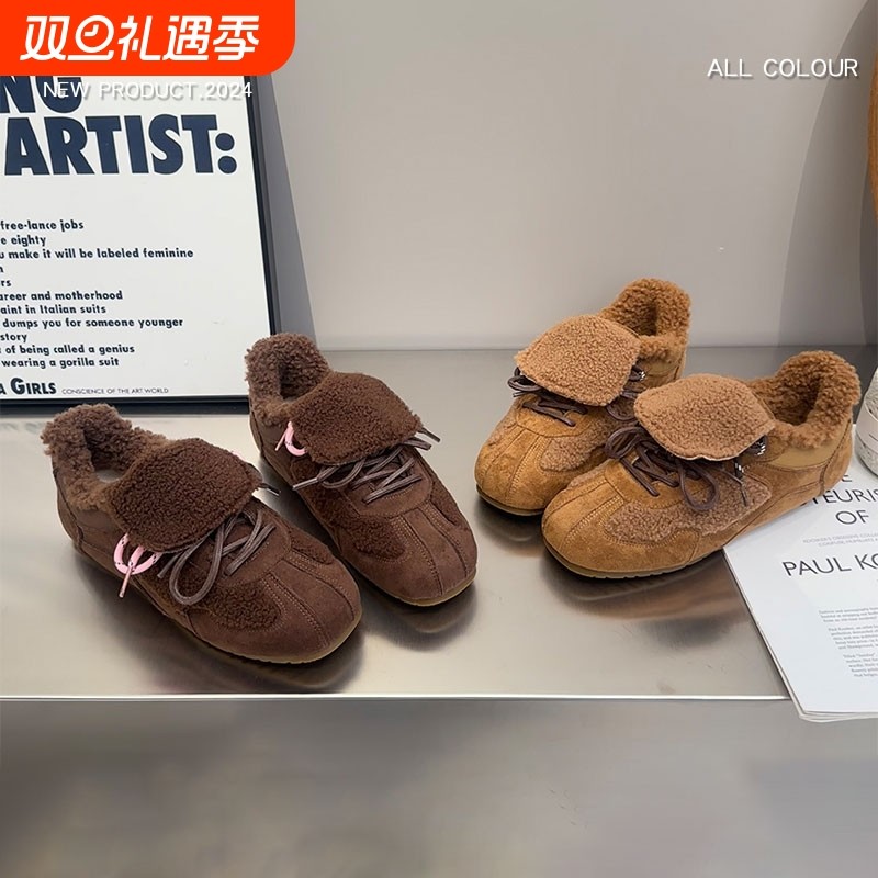 复古软底平底加绒德训鞋女2025冬季新款内增高毛毛鞋百搭保暖棉鞋