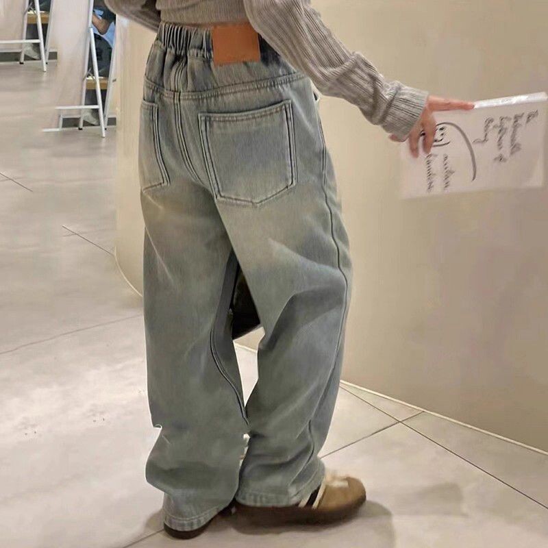 童装女童加绒牛仔裤秋冬洋气儿童一体绒直筒裤中大童加厚休闲裤子