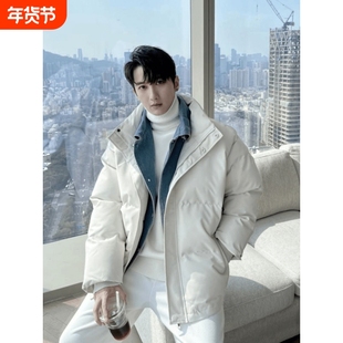 户外牛仔拼接羽绒棉服男款冬季假两件棉衣韩版潮流加厚面包服外套