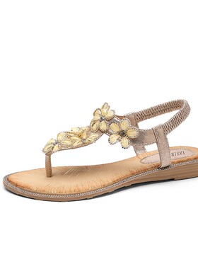 意尔康心选shoeswomen新款花朵水钻凉鞋波普风夹趾平底凉鞋大码凉