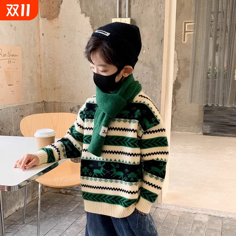 男童毛衣秋冬款儿童装圣诞麋鹿针织线衣大童男孩冬装上衣厚款绿色