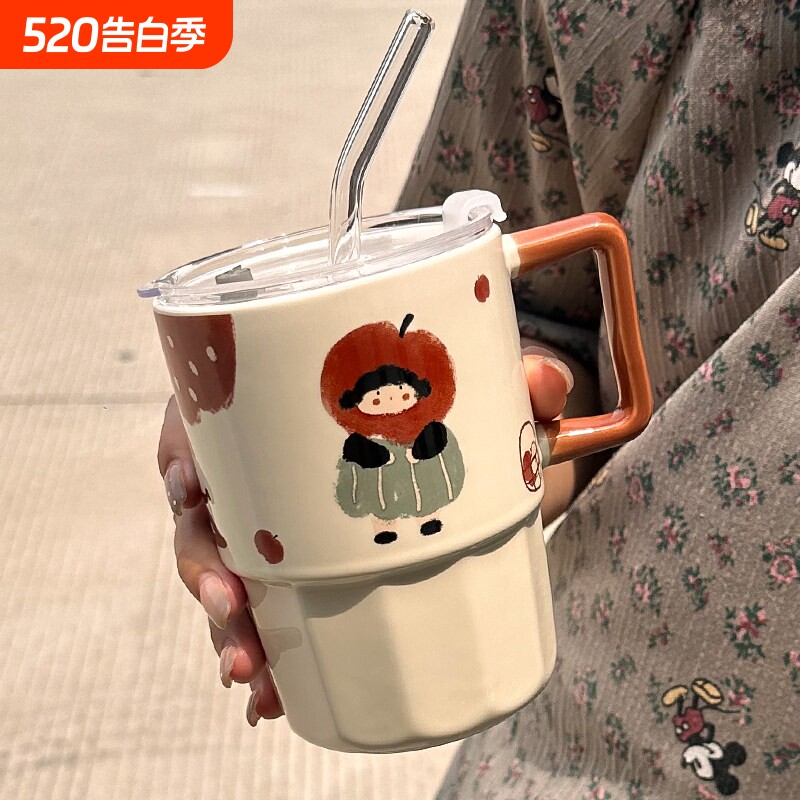 男女生吸管杯马克杯陶瓷水杯情侣杯高颜值办公室咖啡杯牛奶果汁杯
