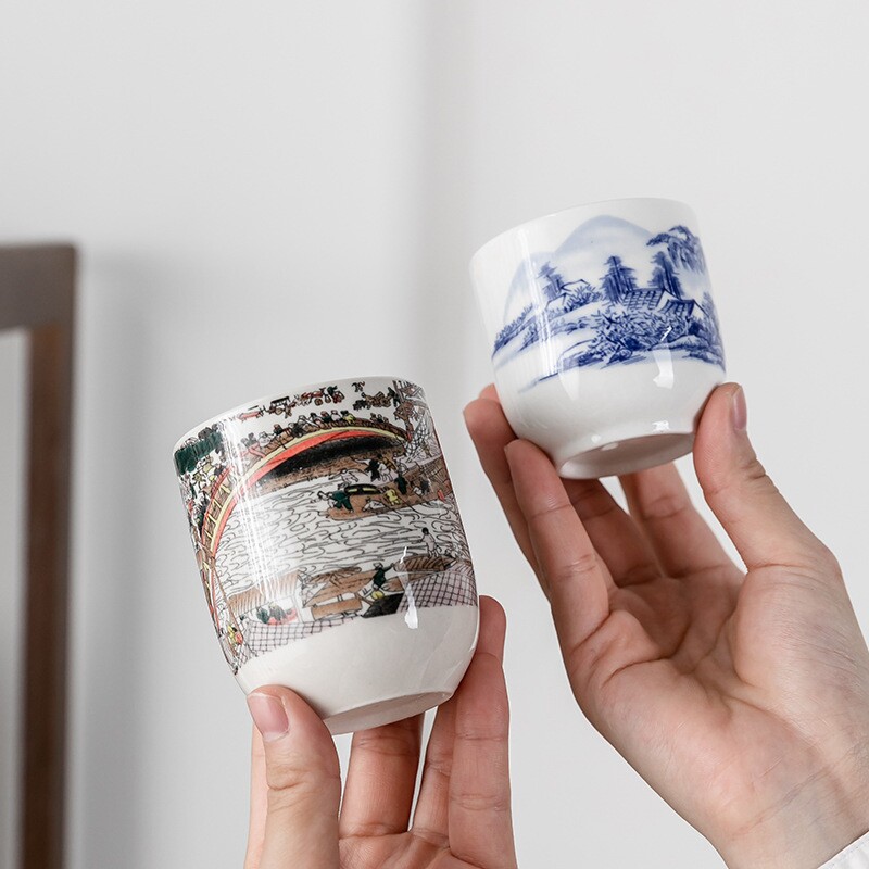 茶杯功夫茶具陶瓷茶盏茶碗家用单个六个品茗杯主人杯大号蓝牡丹