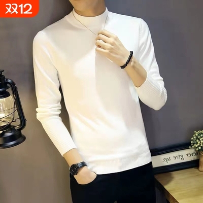 半高领毛衣男款士秋冬季加绒加厚修身中领黑色羊毛针织打底衫上衣