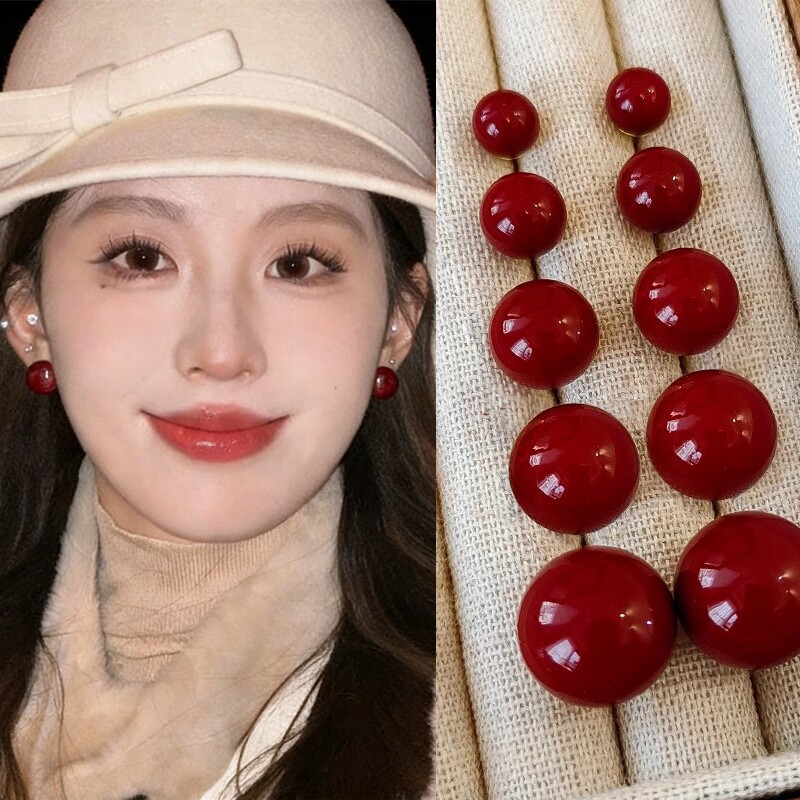 安可拉红珍珠耳钉港风秋冬复古高级感馒头珍珠耳钉轻奢冷淡风耳饰