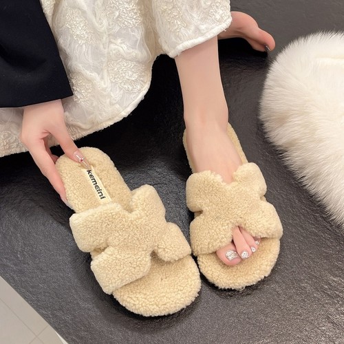 法式名媛风毛毛鞋女2025年H型拖鞋秋冬季外穿软底一脚蹬棉拖外贸