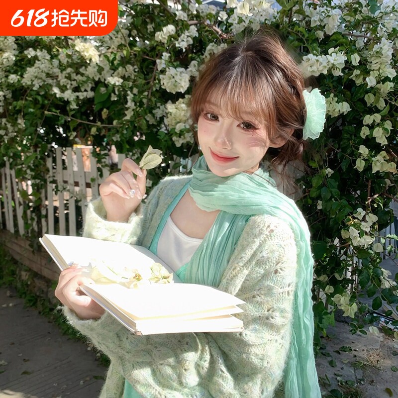 2026新款薄荷绿棉麻褶皱丝巾女士春夏文艺清冷感薄款系脖围巾披肩