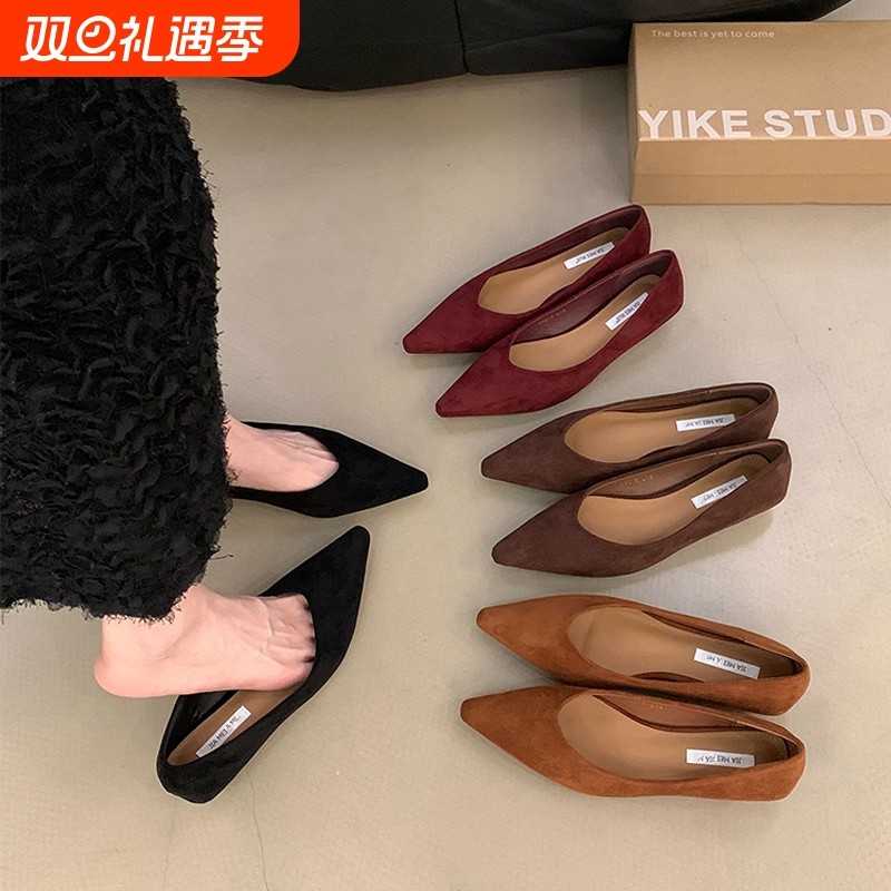 复古低跟尖头浅口单鞋女鞋子2025新款春秋季绒面气质一脚蹬通勤鞋