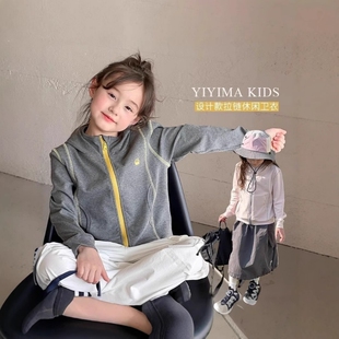 儿童休闲连帽卫衣外套潮女童韩版洋气撞色字母拉链衫上衣户外春秋