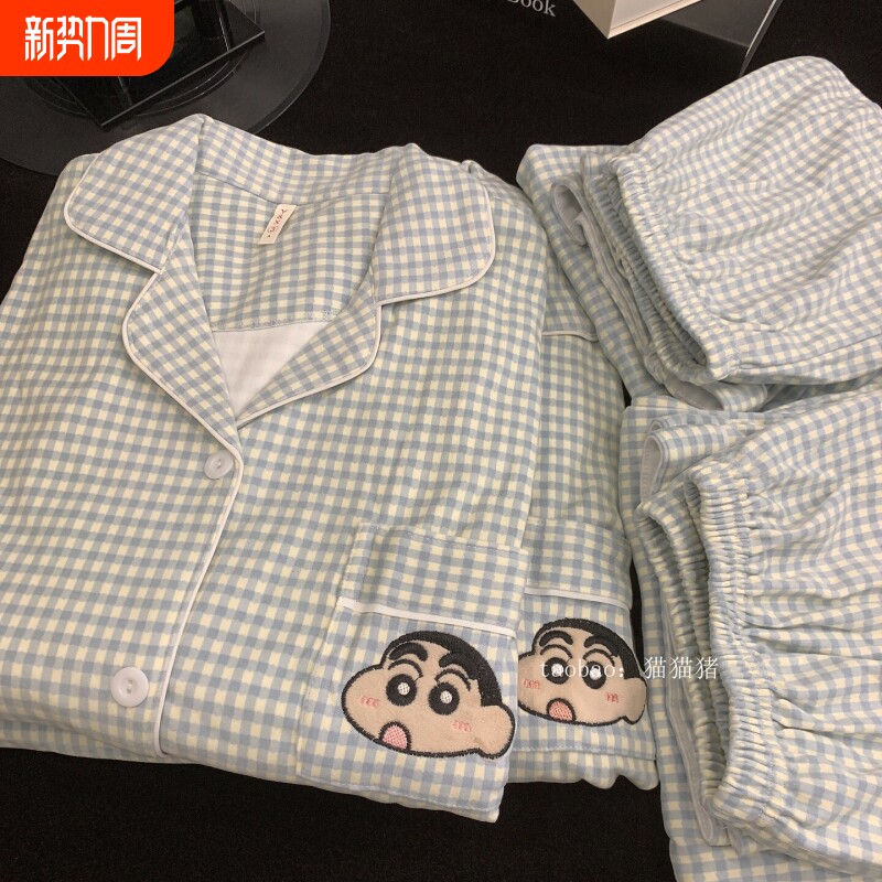 红豆格子蜡笔小新磨毛德绒情侣睡衣女男士秋冬保暖宽松大码套装家