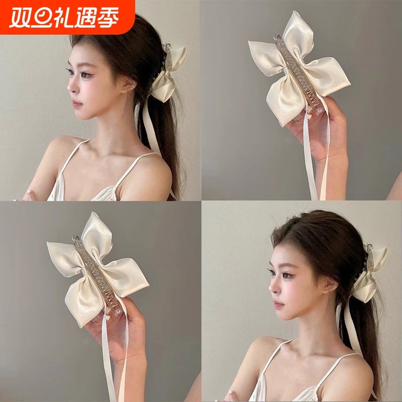 复古轻奢高端法式蝴蝶结发夹水钻刘海夹子侧边发卡头饰女飘带香蕉