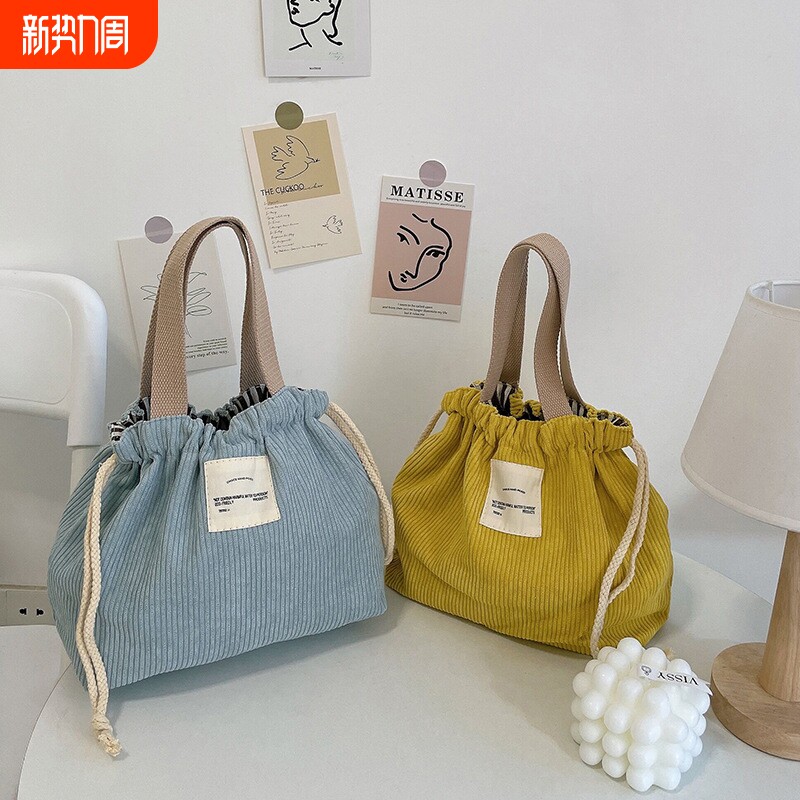 日式简约抽绳灯芯绒糖果色便当袋大容量小众日韩小方包带饭包跨境