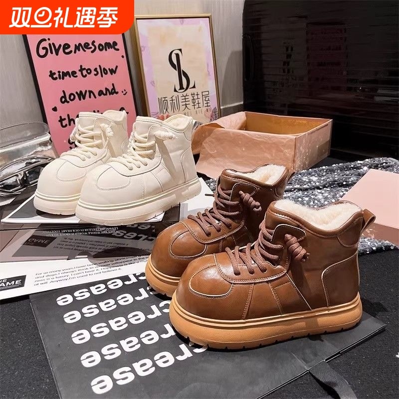 QVAJ可爱丑萌大头雪地靴2025秋冬新款厚底加绒保暖棉鞋系带短