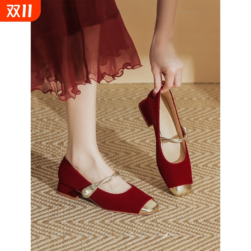 复古红色玛丽珍婚鞋女禾秀婚纱两穿新娘鞋低跟孕妇可穿敬酒服单鞋