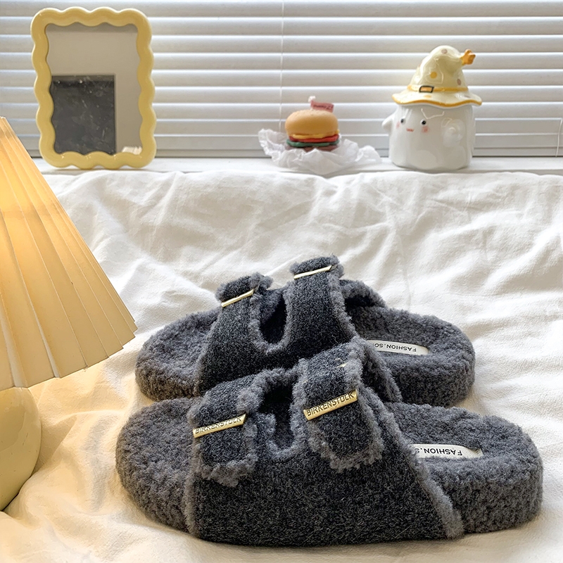 韩系高级感一字扣棉拖鞋女外穿2025秋冬新款厚底毛绒勃肯毛毛拖鞋