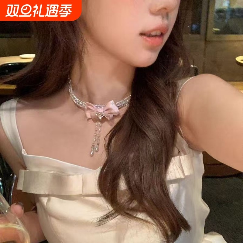 超仙圣诞绝美闪锆爱心蝴蝶结流苏珍珠项链女高级感锁骨颈链choke