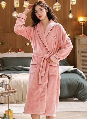 红豆睡衣女冬加绒加厚珊瑚绒浴袍长款睡袍女春秋大码法兰绒家居服