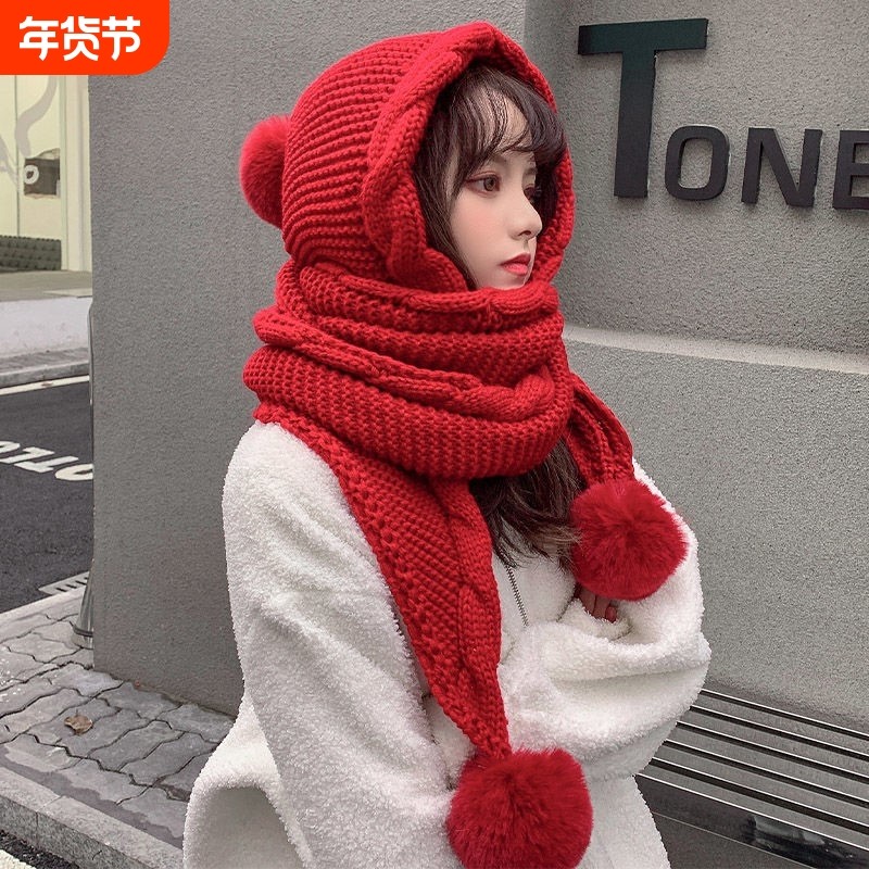 2025年冬季新款连围巾一体针织帽子女加厚保暖护耳两件套红色流苏,服饰配件/皮带/帽子/围巾,帽子,淘宝优惠券,粉丝福利购,淘宝优惠卷