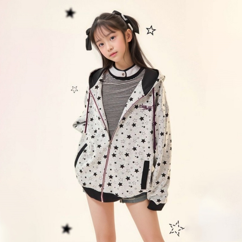 女童连帽外套满印星星秋装青少年上衣韩版儿童春秋款运动开衫卫衣