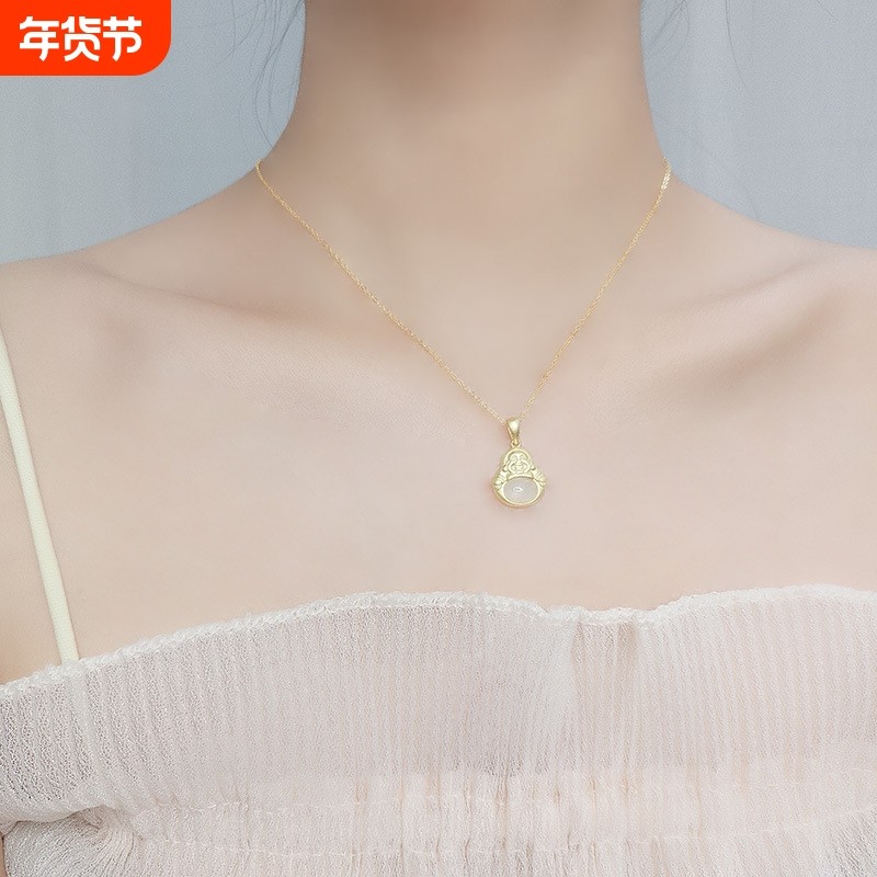 s925纯银天然和田玉弥勒佛项链女金镶玉吊坠笑佛像时髦锁骨链百搭