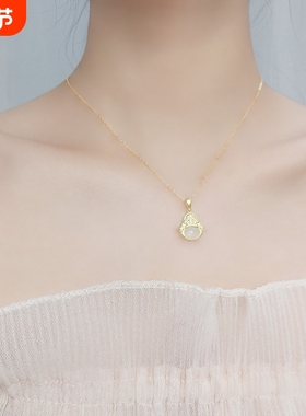 s925纯银天然和田玉弥勒佛项链女金镶玉吊坠笑佛像时髦锁骨链百搭