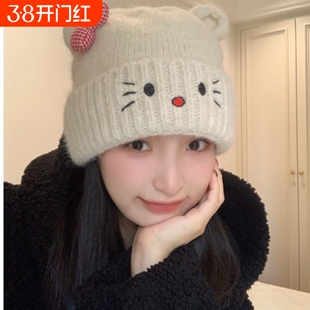 可爱极了~新款秋冬加厚保暖猫咪卡通针织帽女韩系毛线帽红色黑色