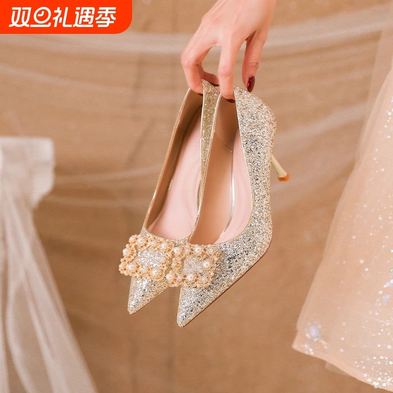 法式平常婚鞋女2025香槟色禾秀婚纱两穿新娘高跟鞋新款可穿不累脚