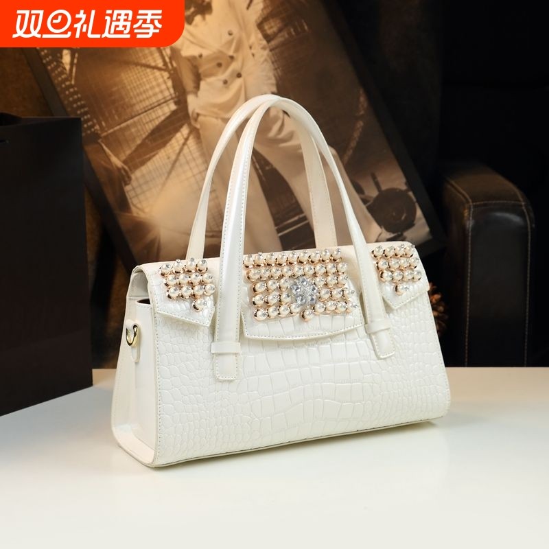 2025新款鳄鱼纹简约大气戴妃包中年妈妈包包真皮单肩斜挎包法棍包