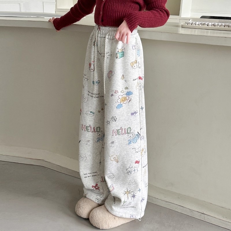 女童裤子秋冬款2025新款涂鸦加绒阔腿裤独特超好看初中生运动卫裤