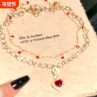 「千金」红色爱心珍珠双层项链女公主轻奢高级感宫廷风锁骨链蝴蝶