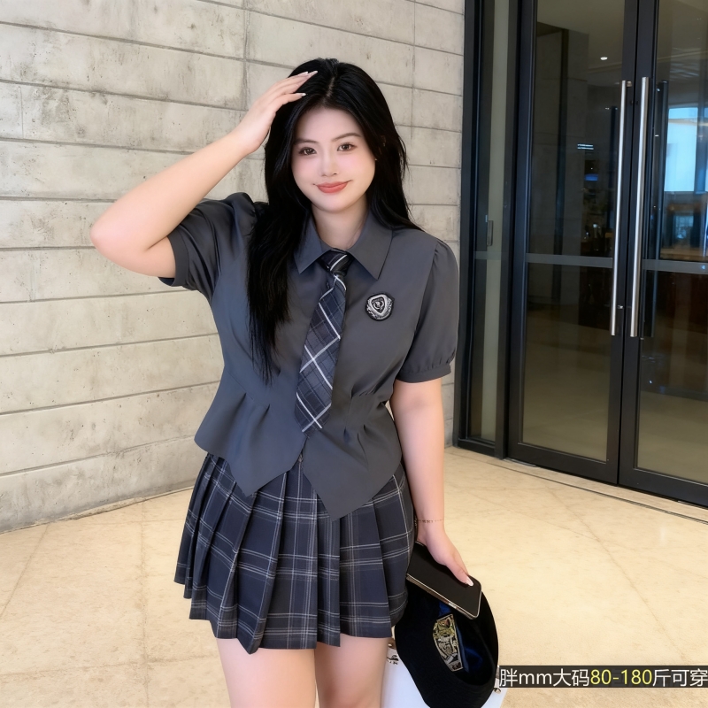 大码胖mm甜辣学院风短款收腰衬衫格纹百褶裙女辣妹显瘦jk制服套装