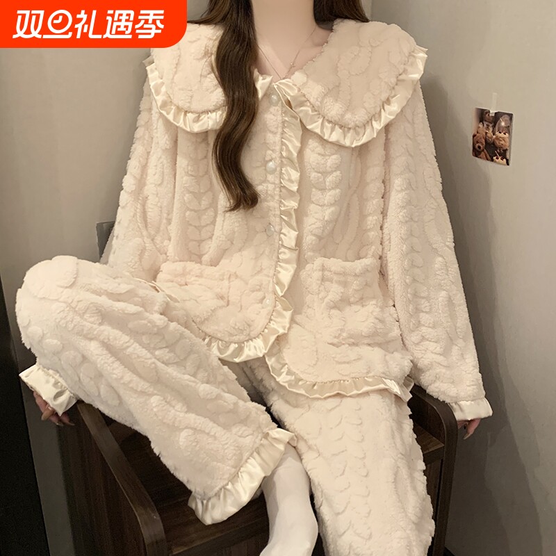 珊瑚绒睡衣女秋冬季加厚加绒公主风娃娃领开衫2025新款女士家居服