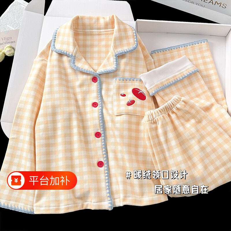 秋冬季保暖德绒女童睡衣长袖中大童女孩公主风开衫儿童家居服套装