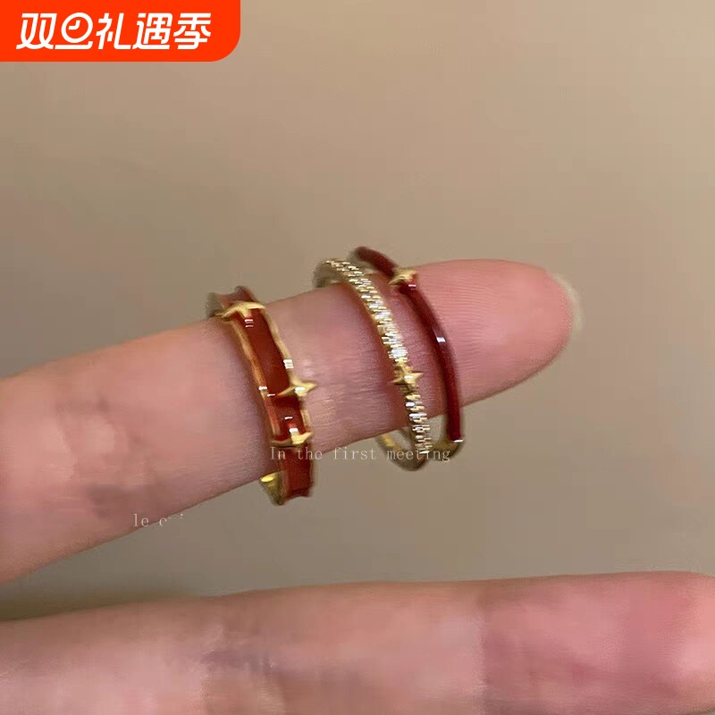 复古红色双层叠戴星星戒指女红气本命年开口指环个性食指戒可调节
