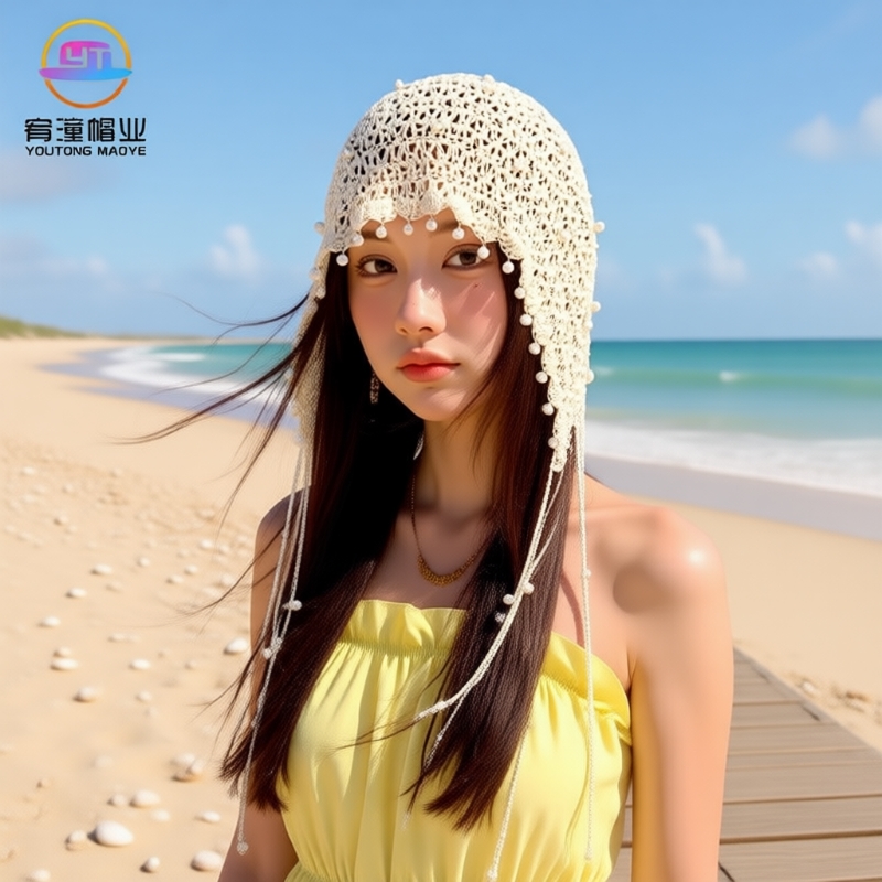 镂空珍珠流苏吊坠包头帽女夏季针织套头帽显脸小帽子红色白色黑色