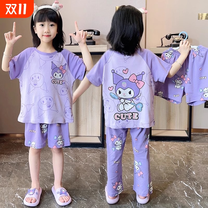 三件套女童睡衣儿童2025薄款夏季卡通新款短袖长裤女孩春秋家居服