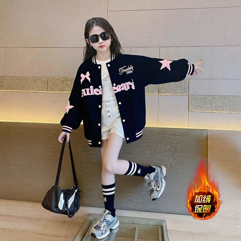 女童韩版秋冬季加绒加厚棒球服2025儿童新款洋气韩版潮搭字母外套