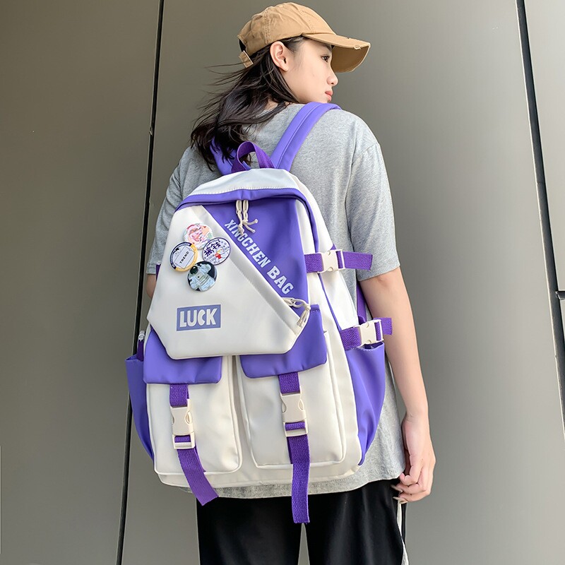 双肩包女大学生日系简约少女背包撞色韩版ins小众中学生高中书包