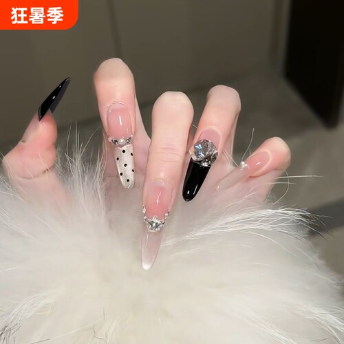 【黑金赫本】细狗长尖穿戴甲香槟金美甲黑色爆闪猫眼可拆卸手工甲