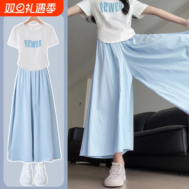 女童夏季阔腿裤套装中大薄款儿童装洋气短袖T宽松冰丝裙裤两件套