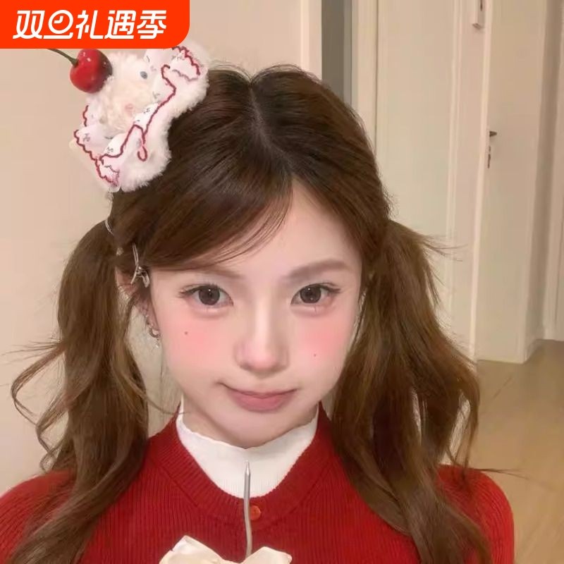 红色豹纹樱桃蛋糕发夹鸭嘴夹跨年新年氛围感拍照发饰发卡头饰发饰